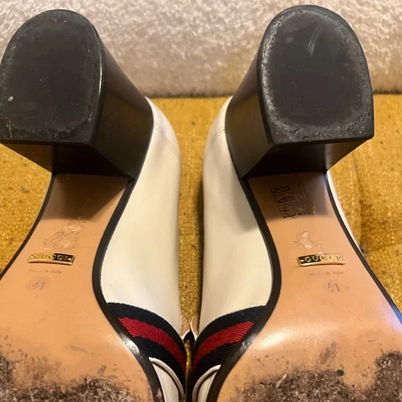 Gucci Women’s Cream Leather Block 3 in Heel Loafers with Gold GG Logo - Picture 5 of 5